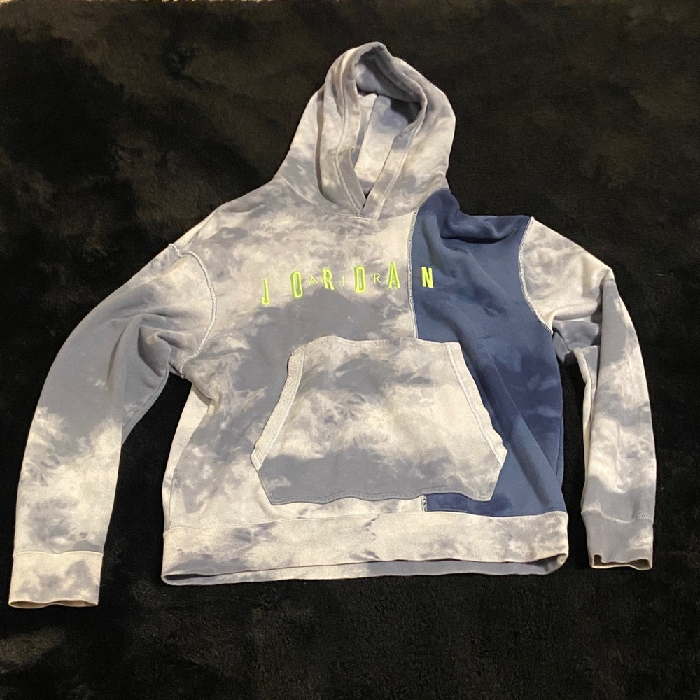 Jordan Gray Tie-Dye Hoodie with Navy Accent and Neon Logo